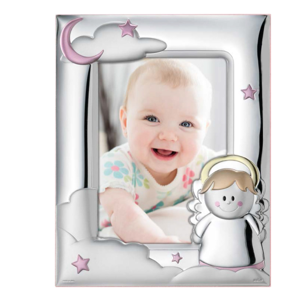 Bimbo Cornice Portafoto Multipla 'Welcome To The World' – 38x20 Cm, 3 Aperture 10x10 Cm, Grigio Argento
